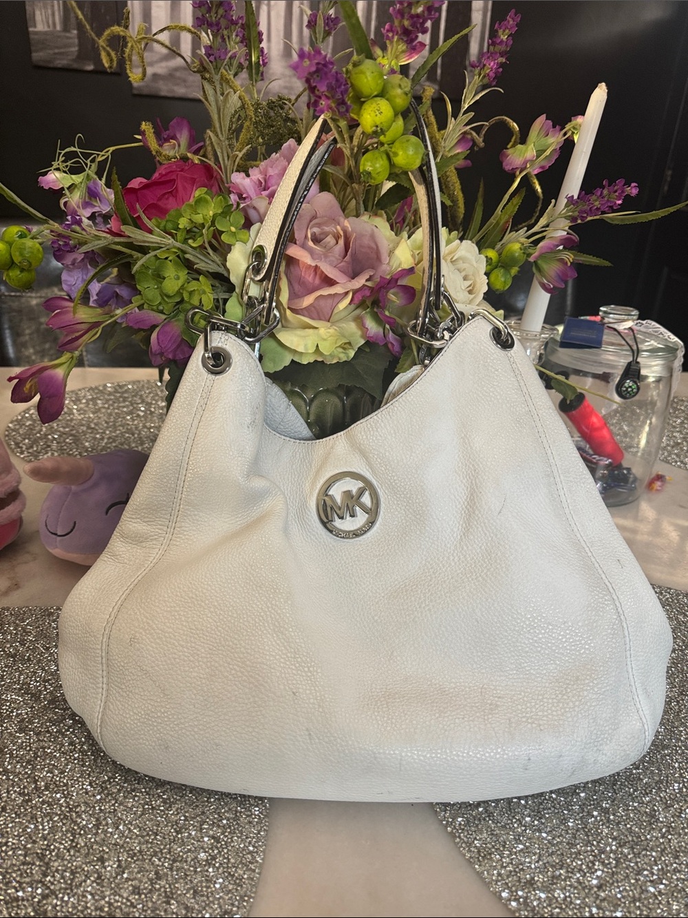 Michael Kors White Pebbled Leather Shoulder Hobo with Chain Straps